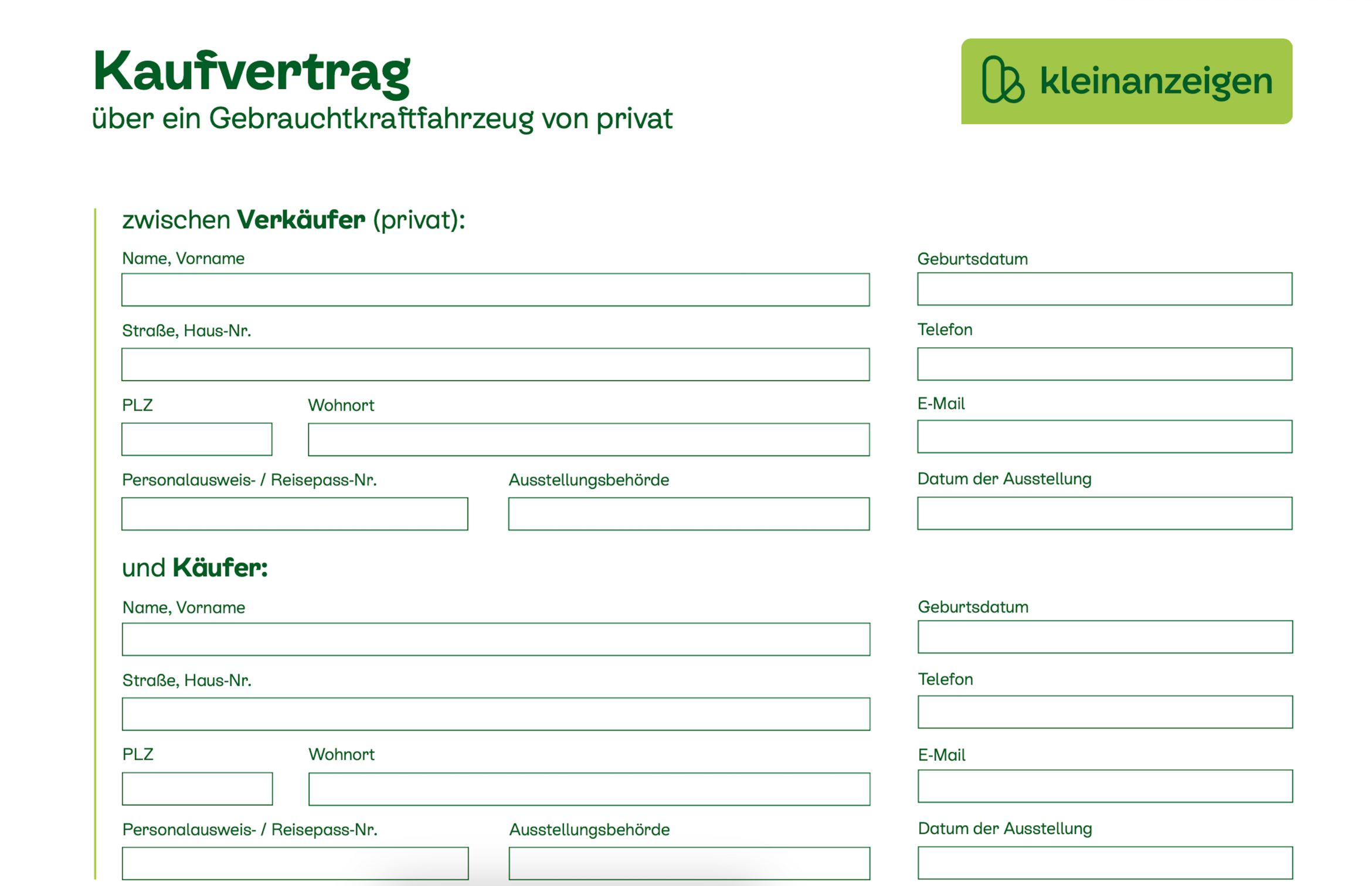 KAUFVERTRAG über ein Gebrauchtkraftfahrzeug von privat Kleinanzeigen