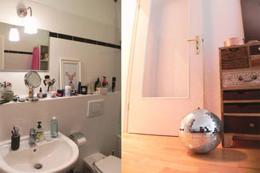 Zweigeteiltes Bild mit einem Badezimmer links und einer Diskokugel vor einer Tür rechts