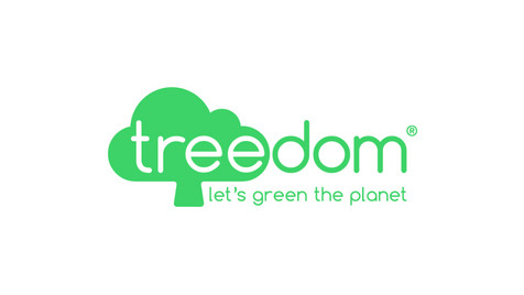 Treedom Logo bestehend aus grüner Schrift auf weißem Grund (Treedom let´s green the planet)